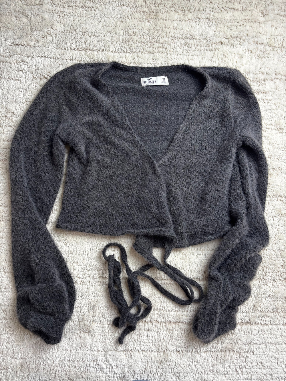 Hollister Fuzzy Wrap Cardigan Sweater Gray XS Tie Front Y2K